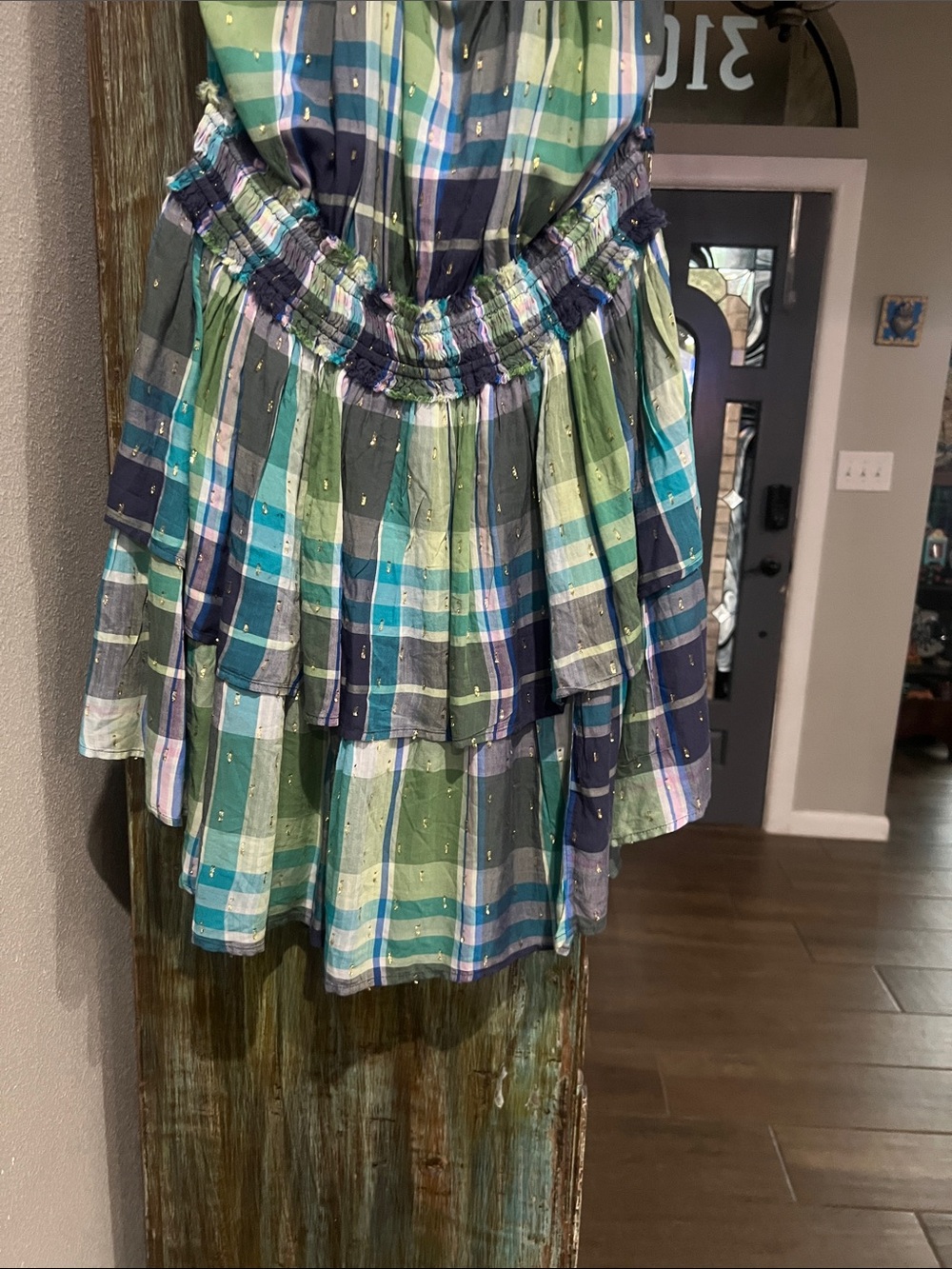 Backless Plaid Tiered Sundress in Green & Blue - Picture 3 of 6